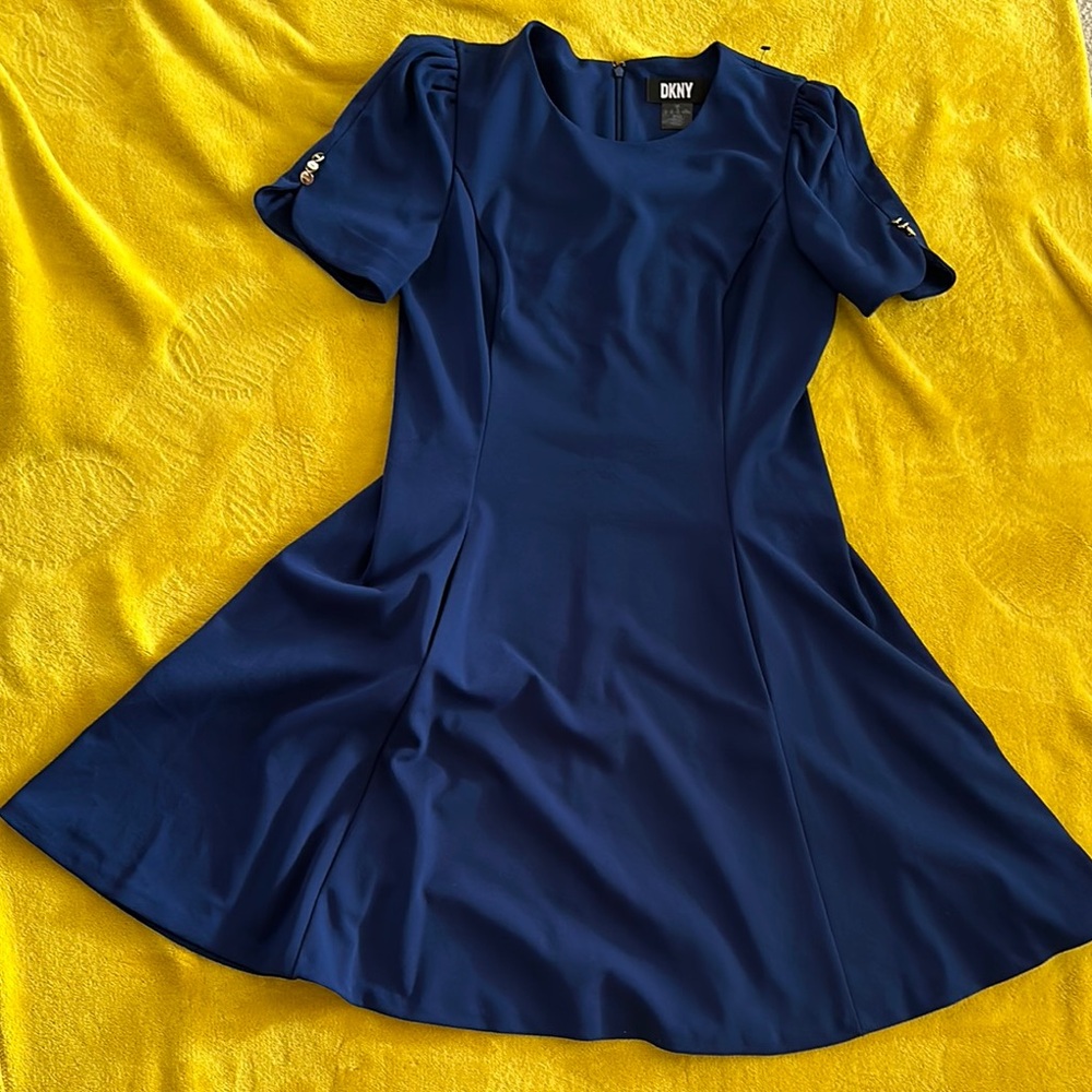 DKNY Blue Fit and Flare Puff Sleeve Mini Dress